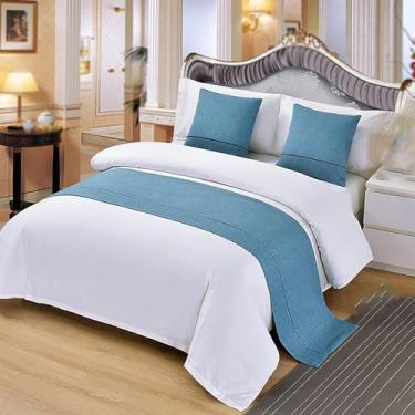 Imagem de Cachecol de corredor de cama de hotel, linha de algodão, toalha moderna para quarto, decoração de cama de cor sólida, proteção para cama de solteiro, queen size, azul | 2 fronhas 19,7 x 19,7