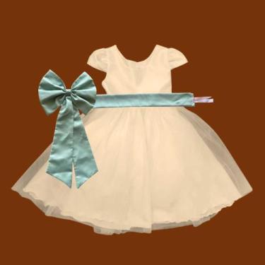 Imagem de Vestido longo Off White com Faixa e Laço VERDE CHÁ Infantil Festa eleg