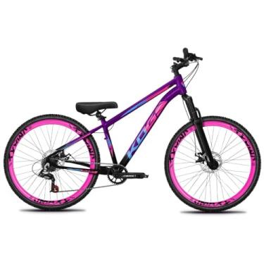 Imagem de Bicicleta Aro 26 KOG Freeride 1x7 – Estilo Grau, Suspensão 29”, Freios a Disco, Aros Vmaxx Neon – Bike Urbana de Alta Performance, Preto Roxo, Adesivo Rosa e Azul,Vmaxx Rosa