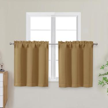 Imagem de OWENIE Cortinas douradas para cozinha, 76 cm de comprimento, pequenas cortinas blackout com isolamento térmico, camada sobre a pia, bolso para varão, meia janela, para banheiro, quarto, acampamento