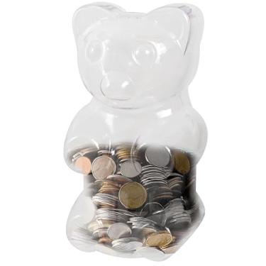 Imagem de Cofrinho grande transparente em forma de urso de 26 cm, cofrinho de plástico com tampa giratória e ranhura para adultos e crianças, caixa de economia de dinheiro reutilizável para aniversário