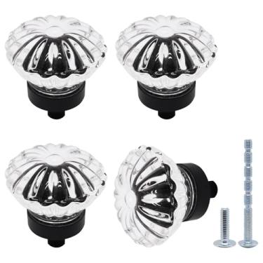 Imagem de SWZHAI Maçanetas de armário de cristal, pacote com 4, puxadores de armário pretos foscos para gavetas de cômoda, botão de flor redondo retrô para guarda-roupa de armário, puxador de gaveta decorativo