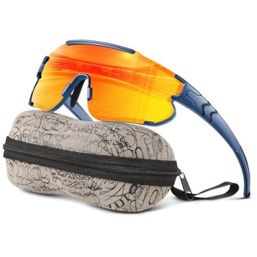 Imagem de Kegrimi Óculos de sol polarizados de beisebol infantil: óculos de sol esportivos para meninos e meninas 3-12 jovens para ciclismo, corrida (armação azul escura, lente vermelha, 64 mm), Lente laranja