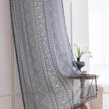 Imagem de Erbnaryx Cortinas pretas geométricas transparentes de 137 cm de comprimento, bordas com franjas e cortinas semitransparentes texturizadas, tratamentos de janela grande para sala de estar/quarto, 2