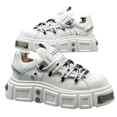 Imagem de Tênis feminino de couro sintético Y2K punk, plataforma cravejada, sola grossa, casual, com elevação de 6,8 cm para sair à noite, shows, looks modernos, Branco, 37