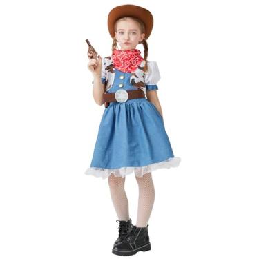 Imagem de LETIME Fantasia de vaqueira para meninas, conjunto de 7 peças, vestido de vaqueira com chapéu e bandana para adolescentes, Multicolorido, PP
