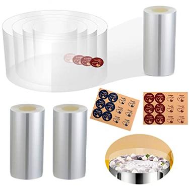 Imagem de Pacote com 3 coleiras de bolo de 7,8 x 1000 cm, tiras transparentes para bolo de mousse transparente, folha de acetato para assar, decoração de bordas envolventes + bônus com adesivos delicados