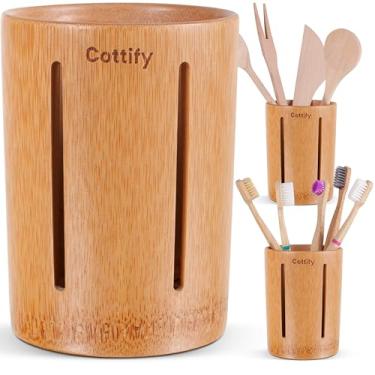 Imagem de Cottify Suporte de escova de dentes de bambu para banheiro com base de cortiça, copo de escova de dentes com drenagem, suporte de copo de banheiro de secagem rápida, suporte de pasta de dente para banheiro, suporte de escova de dentes de madeira, listras