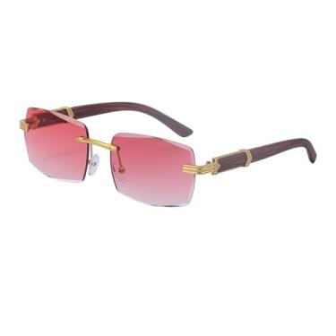 Imagem de Óculos de sol sem aro para mulheres e homens, com pernas de imitação de madeira, com bordas cortadas e proteção UV (C4)