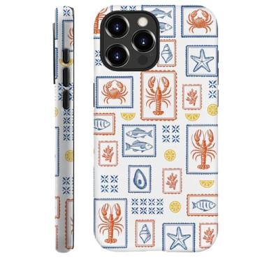 Imagem de Capa compatível com iPhone 15 Pro Max, capa rígida híbrida de 2 camadas, macia à prova de choque para meninas e mulheres, estampa costeira de carimbos de frutos do mar