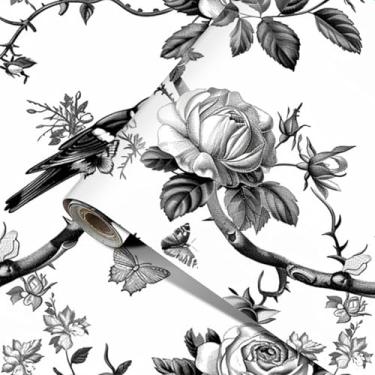 Imagem de HOMETITUTE Adesivo de parede de vinil de papel de parede preto e branco floral de pássaro, fácil de aplicar, sem resíduos, quarto, sala de estar, estudo, decoração, borboletas, rosas, vintage, design