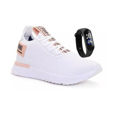 Imagem de Tênis Feminino Preto Esportivo Para Academia de Caminhada Leve Meia + Relogio (Branco/Nude, BR, Adulto, Numérico, P, 34)