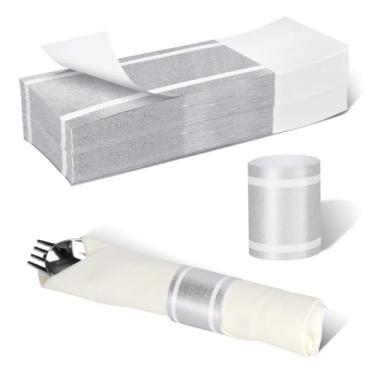 Imagem de Germiwipe Bandas de guardanapo de prata, anéis de guardanapo de papel de tamanho estendido autoadesivos, 200 peças de faixas de prata, configuração de mesa casamento evento festa fornecimento NB-036XL