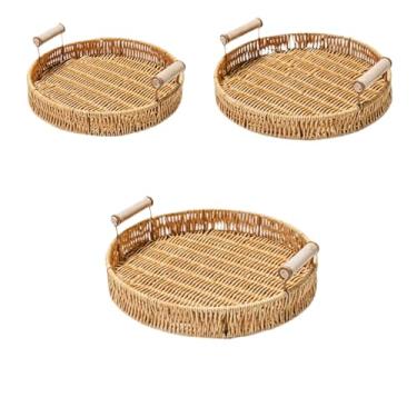 Imagem de NISYOCIY Bandejas redondas de vime com alças, cestas de vime decorativas para decoração de mesa de café, pão, frutas, lanches, 150 peças de papel à prova de gordura incluído, conjunto de 3
