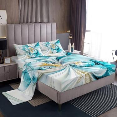 Imagem de Erosebridal Jogo de lençol solteiro com textura de mármore, para crianças, meninos e meninas, floral abstrato, azul-petróleo dégradé tie dye, lençol com elástico, lençol de cima, arte abstrata com 1