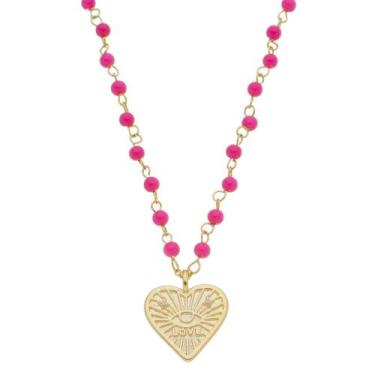 Imagem de Colar love coração olho grego zircônias murano pink folheado a ouro 18