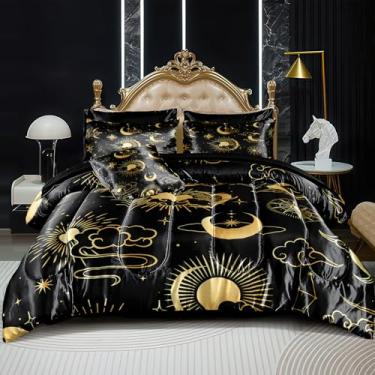 Imagem de Merryword Jogo de cama king size com sol e lua, 8 peças, cetim, preto, boêmio, decoração de casa, hotel de luxo, edredom sedoso