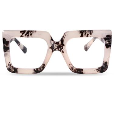 Imagem de hoyuwak Óculos grandes quadrados com luz azul, armação grande, óculos de computador, grossos, modernos, transparentes, para mulheres, moda, Carapaça de tartaruga de leite, Frame: 148mm x 58mm, Lens