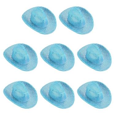Imagem de PATIKIL Mini chapéus de caubói, 8 peças de chapéu de cowboy ocidental em miniatura para artesanato, decoração de festa, fantasia de boneca para animais de estimação, estilo bolinhas com glitter, azul