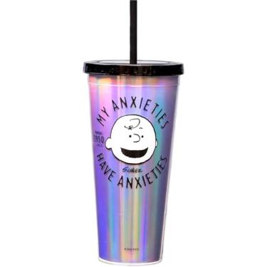 Imagem de Spoontiques Peanuts Anxieties Copo de alumínio - Copo de acrílico de 590 ml com canudo - Tampa de bloqueio metálico - Isolamento de parede dupla e livre de BPA