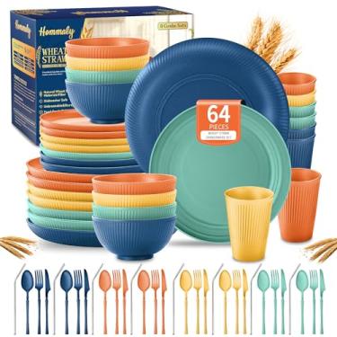 Imagem de Conjuntos de louça de palha de trigo, 64 peças, pratos e tigelas para 8 unidades, inquebráveis, reutilizáveis, prato de jantar, prato de sobremesa, tigela de cereal, xícara/utensílios, pode ser lavado