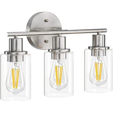 Imagem de Pia Ricco Luminária de banheiro com 3 luzes, luminárias de níquel escovado com persianas de vidro transparente, luzes de parede modernas sobre espelho, arandelas de parede de banheiro para espelho