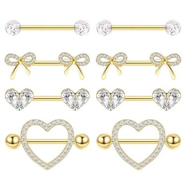 Imagem de Vegolita 4 pares de anéis de mamilo de titânio 14G G23 para mulheres, coração, barra e língua, conjunto de anéis de mamilo, zircônia cúbica, lindo laço, mamilos, piercing de joias, Titânio, Zircônia