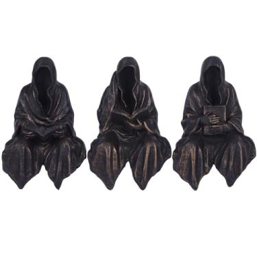 Imagem de Conjunto de 3 peças com leitor sentado no Grim Reaper Roupão longo, decoração de casa preta e dourada, escultura gótica Grim Reaper, adequada para divisórias de escritório, estantes de livros