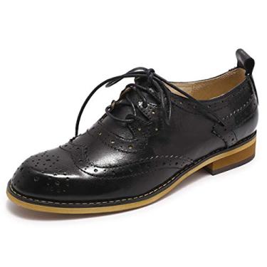 Imagem de Mona flying Sapato feminino feito à mão em couro Oxford confortável com cadarço, Preto, 37