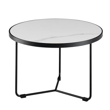 Imagem de BlvdEi8ht Mesa de centro Gemini – topo redondo moderno de porcelana com base de metal revestido em pó preto – mesa de destaque de meados do século para sala de estar, branca, pequena (56 x 38,7 cm)