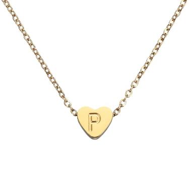 Imagem de PATIKIL Colar de coração com inicial para mulheres, banhado a ouro 18K, corrente de aço inoxidável delicada, nome personalizado, letra P, colares com pingente para mulheres, joias, presentes, tom