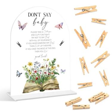 Imagem de Jogos de chá de bebê - Storybook Don't Say Baby Clothespin Game, 1 placa e 50 mini prendedores de roupa, jogo de revelação de gênero, suprimentos de decoração de chá de bebê de borboleta silvestre