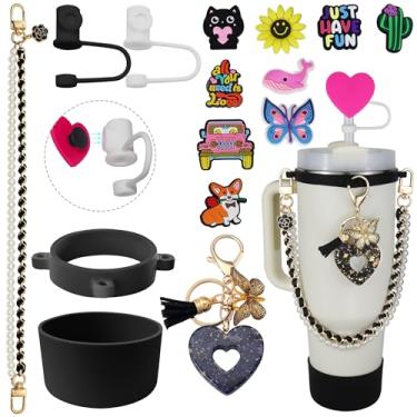 Imagem de DiamondArtZone Conjunto de acessórios de copo para copo Stanley de 850 g e 1,134 g, cordão de alça à prova de queda de garrafa de água, pingentes de bota Stanley Bow Straw Cover Topper, presente para