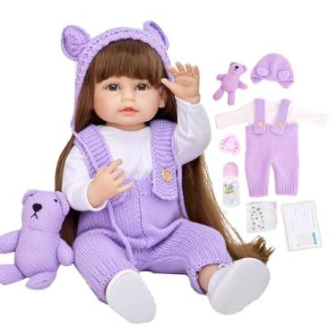 Imagem de Bebê Reborn Boneca Menina - Corpo de Silicone, 55 cm, Peruca com Capa, Suéter Roxo, Olhos Castanhos
