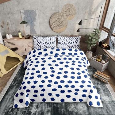 Imagem de Erosebridal Conjunto de edredom com bolinhas, tamanho Queen, geométrico, para crianças, homens, verão, pincelada, boêmio, branco, azul marinho, conjunto de cama para todas as estações