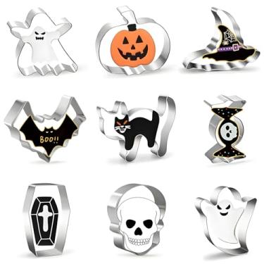 Imagem de uadbau Conjunto de cortadores de biscoito de Halloween, 9 peças de cortadores de biscoito de metal - prata de aço inoxidável, incluindo abóbora, fantasma, caixão, morcego, chapéu de bruxa, gato, doce