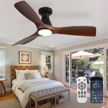 Imagem de BvenuBigLite Ventiladores de teto com luzes e aplicativo: Ventilador de teto de baixo perfil de montagem embutida para quarto - Ventilador regulável com controle remoto nogueira 3 lâminas ultra