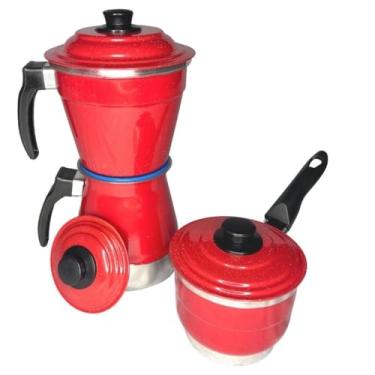 Imagem de Cafeteira Italiana, Cafeteira de Aluminio, 1l Italiana em AlumíNio + Cuscuzeiro Individual PorçãO Unica + Fervedor, Kit 3 em 1 Multiuso Cafeteira(Vermelho)