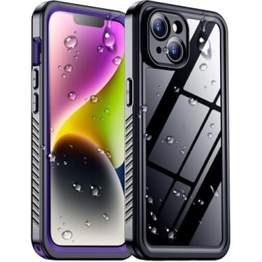 Imagem de Temdan Compatível com iPhone 14 à prova d'água, protetor de tela e câmera integrado IP68 Underwater Full Body 14FT Militar à prova de quedas à prova de choque 15.5 cm Roxo/Transparente