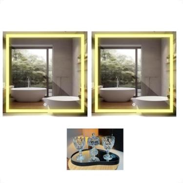 Imagem de Kit 2 Espelhos Quadrado Jateado Com Led Touch 50x50 Aparador Decorativo Lavabo + Bandeja (Quente)