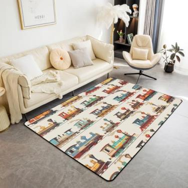 Imagem de Erosebridal Tapete para área de trem, 1,78 m x 1,9 m, tapete decorativo antiderrapante para sala de estar, para crianças, adolescentes, meninos, retrô, ferrovia, transporte, marrom, vermelho, tapete