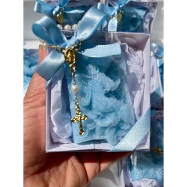 Imagem de Kit 10 un. Lembrancinha Anjo em Sabonete Hidratante com Mini Terço (10, Azul bebê)