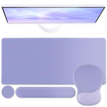 Imagem de Boutilon Conjunto de mouse pad, bloco de escrita de mesa com descanso de pulso, suporte ergonômico para o pulso, descanso de pulso de teclado, porta-copos para jogos, trabalho, casa, escritório (roxo