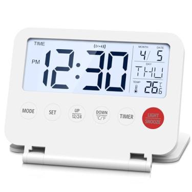 Imagem de Ankilo Despertador digital de viagem, visor LCD de 10 cm, botão frontal com data e temperatura, soneca e luz de fundo de 6 segundos, 2 pilhas AAA alimentadas para casa, escritório (branco)