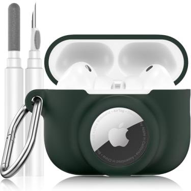 Imagem de LDSXAY Capa de silicone 2 em 1 compatível com AirPods Pro 3 e AirTag, capa protetora à prova de choque para AirPods Pro 3ª geração 2025 com kit de limpeza e mosquetão (verde escuro)