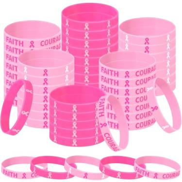 Imagem de Liliful Pulseiras de fita rosa de conscientização do câncer de mama pulseiras de silicone inspiradoras de fita rosa para festas de evento femininas (50 peças)