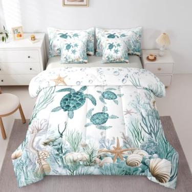 Imagem de Jogo de cama de casal azul petróleo, tartaruga costeira, 7 peças, lençol de casal, para crianças, meninos, meninas, adolescentes, animais marinhos, estrela-do-mar, concha, praia