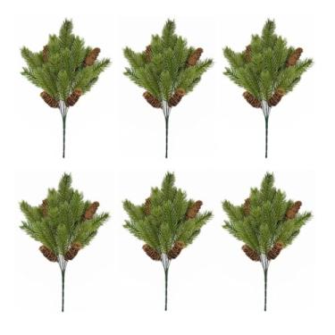Imagem de Youshe Ramos de pinheiro de Natal falsos com pinha, 6 pacotes de hastes artificiais de pinheiro norfolk, raminhos de Natal realistas, palhetas de cedro para decoração de arranjos florais de guirlanda