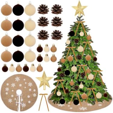 Imagem de Cheerupp Conjunto de 44 peças de enfeites de árvore de Natal de veludo marrom cáqui bege, inclui bolas flocadas de Natal, saia de árvore, laço de estrela, pingentes de pinhas para árvore de Natal
