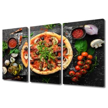 Imagem de Impressão de arte de parede em tela, 3 painéis, pizza com tomates secos ao sol, cogumelos, pôsteres emoldurados pintura de parede para fast food restaurante cozinha pizzaria decoração pronto para